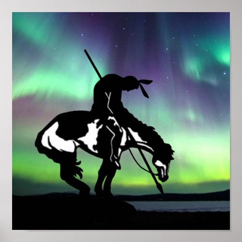 End of the Trail Silhouette With Northern Lights Poster