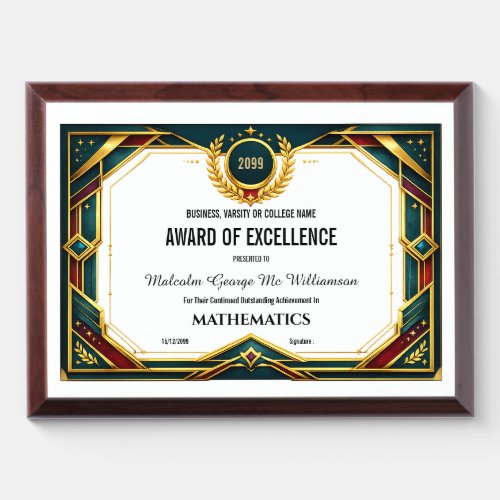 End of Year certificate editable college varsity  Award Plaque