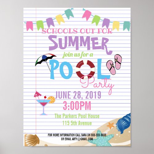 end of year summer class pool party schools out poster