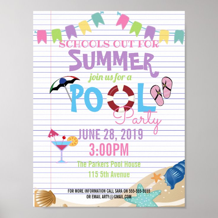 end of year summer class pool party schools out poster | Zazzle