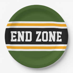 END ZONE Bold Green Black Orange Football Stripes Paper Plates