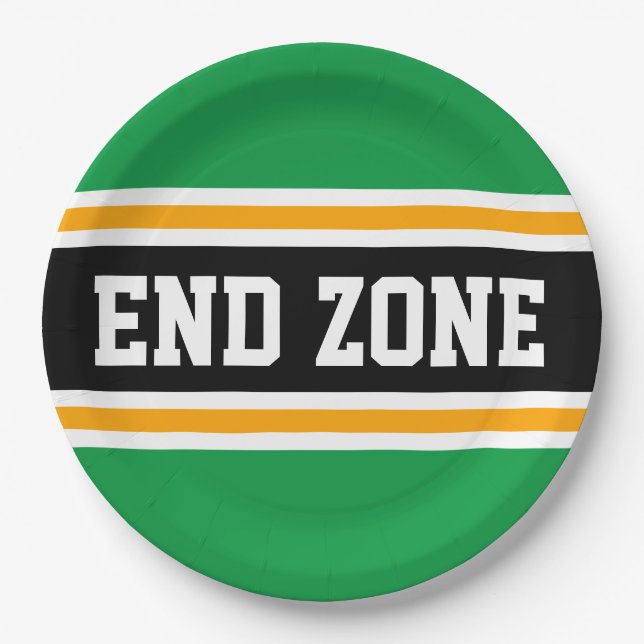 END ZONE Bright Green Black Orange White Stripes Paper Plates (Front)