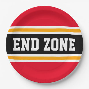 END ZONE Bright Red Black Orange Football Stripes Paper Plates