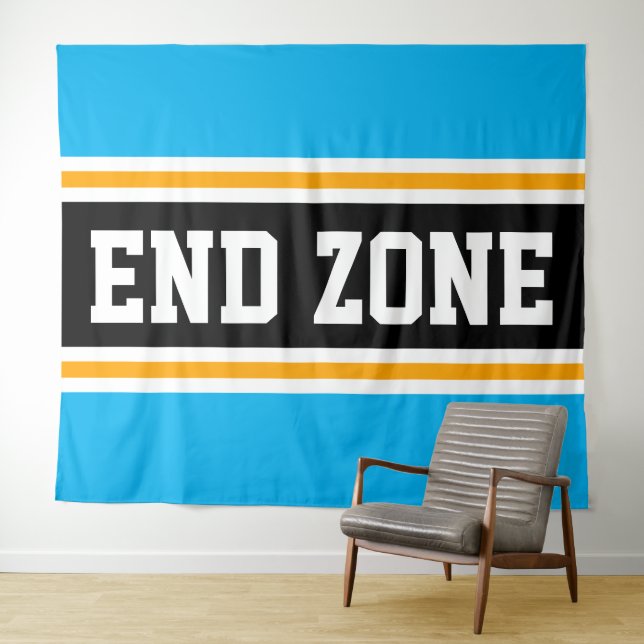 END ZONE Fun Bright Sky Blue Black Orange Stripes Tapestry (In Situ (Horizontal))