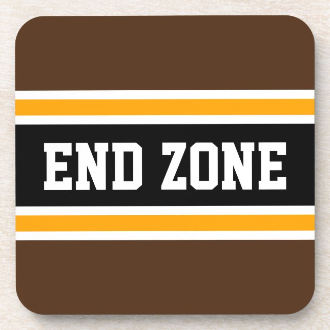END ZONE Fun Brown Orange Black Football Stripes Beverage Coaster (Front)