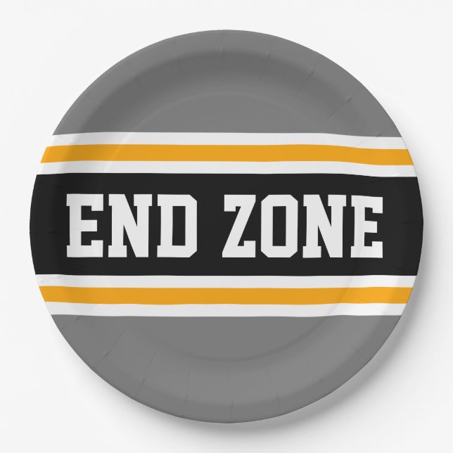 END ZONE Sporty 70s Gray Black Orange Stripes Paper Plates (Front)