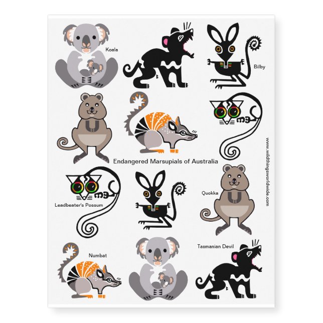 Endangered Australian animals -MARSUPIALS Temporary Tattoos (Front)