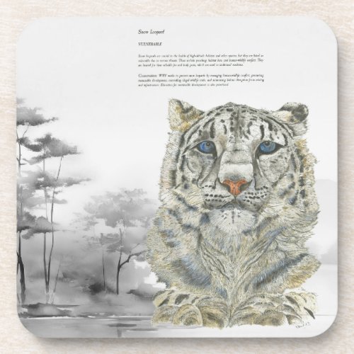 Endangered Hand painted Print Snow Leopard coaster