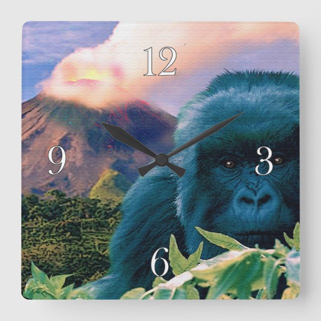 Endangered Mountain Gorilla & African Volcano Square Wall Clock (Front)