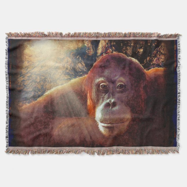 Endangered Orangutan & Rainforest Primate Art 2 Throw Blanket (Front)