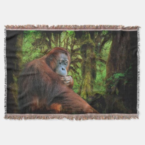 Endangered Orangutan  Rainforest Primate Art Throw Blanket