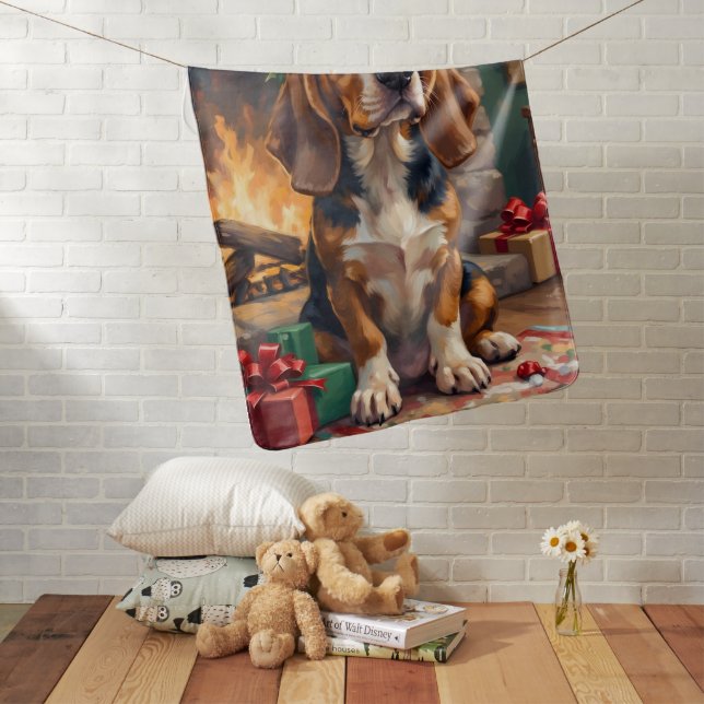 Endearing Basset Hound Dog with Christmas Wreath Baby Blanket (In Situ)