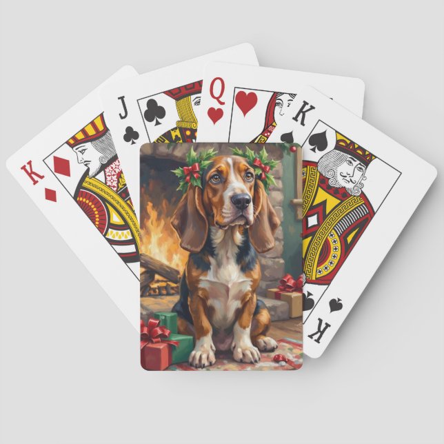 Endearing Basset Hound Dog with Christmas Wreath Poker Cards (Back)