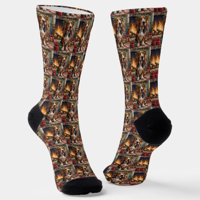 Endearing Basset Hound Dog with Christmas Wreath Socks (Angled)