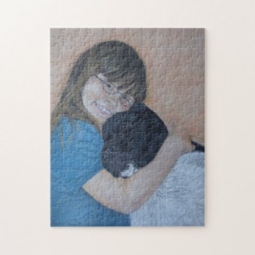 endearing cute picture of child hugging big dog jigsaw puzzle