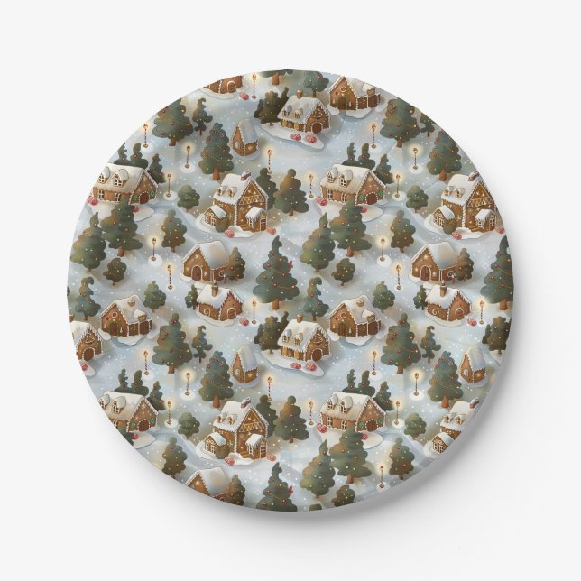 Endless Christmas Gingerbread Village Paper Plates (Front)