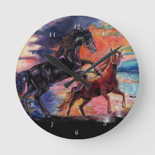 Endless Sky Watercolor Horses Round Clock