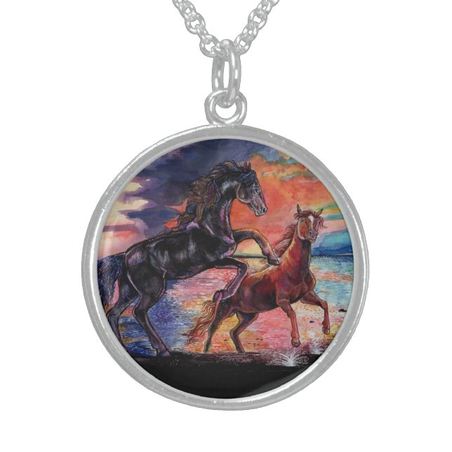 Endless Sky Watercolor Horses  Sterling Silver Necklace (Front)