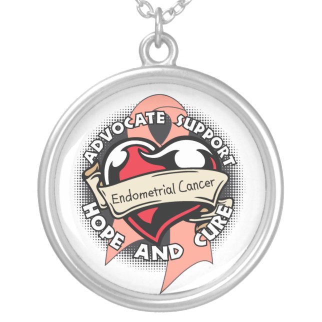 Endometrial Cancer Awareness Heart Ribbon Silver Plated Necklace (Front)