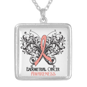 Endometrial Cancer Flourish Butterfly Ribbon Silver Plated Necklace