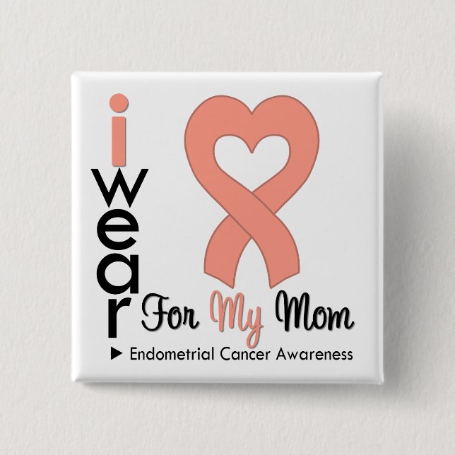 Endometrial Cancer Peach Heart Ribbon MOM Button (Front)