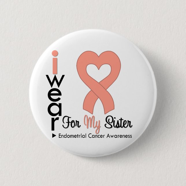 Endometrial Cancer Peach Heart Ribbon SISTER Button (Front)