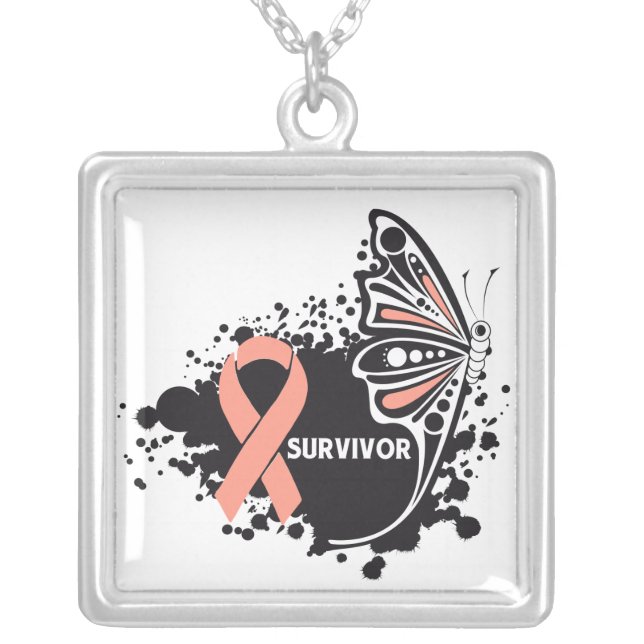 Endometrial Cancer Survivor Tattoo Butterfly Silver Plated Necklace (Front)