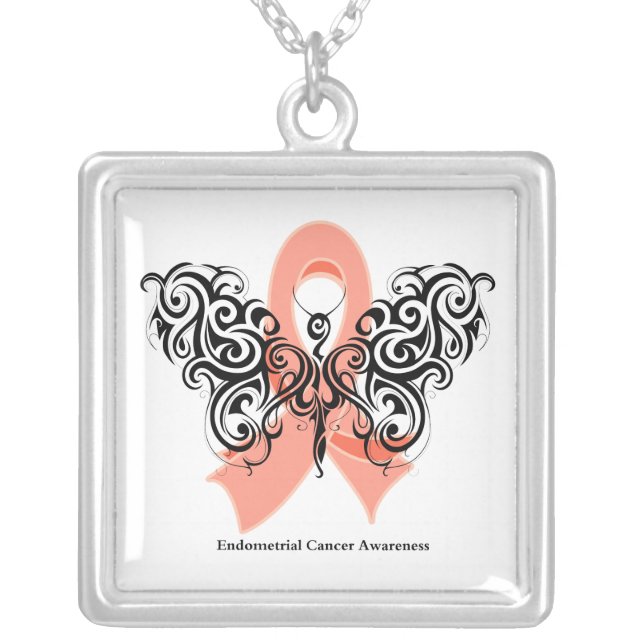 Endometrial Cancer Tribal Butterfly Ribbon Silver Plated Necklace (Front)