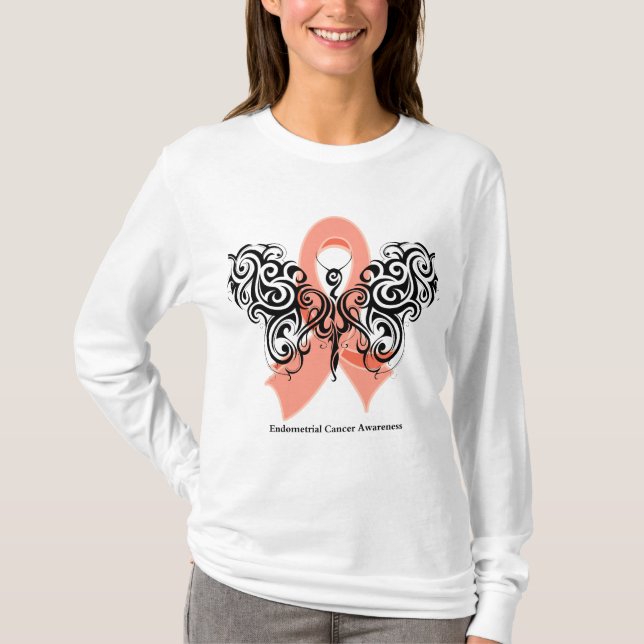 Endometrial Cancer Tribal Butterfly Ribbon T-Shirt (Front)