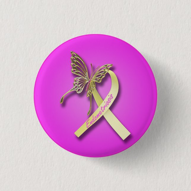 Endometriosis Ribbon with Gold Butterfly Pinback Button (Front)
