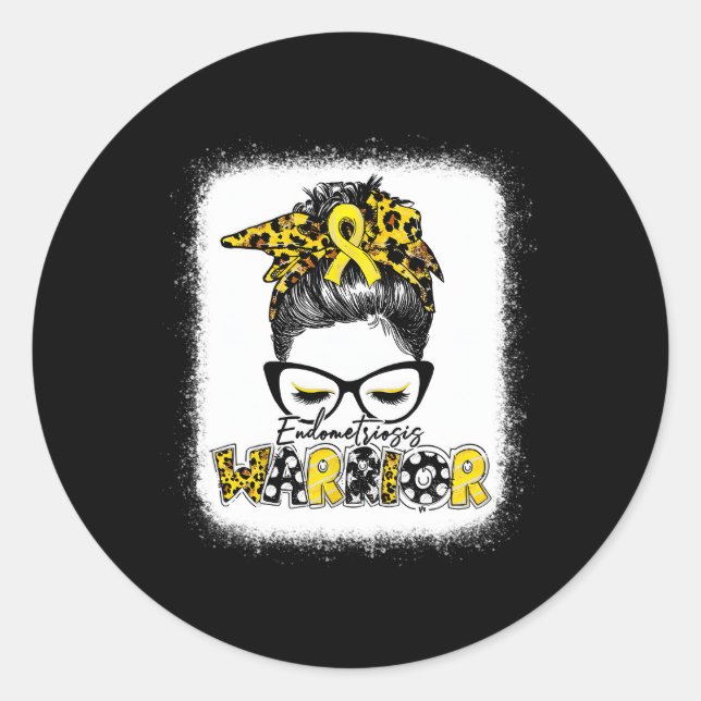 Endometriosis Warrior Messy Bun Yellow Ribbon Classic Round Sticker (Front)