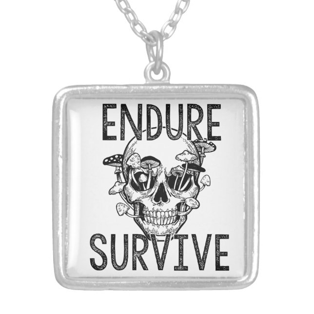 Endure and Survive Skull with Mushrooms | Dark Sur Silver Plated Necklace (Front)