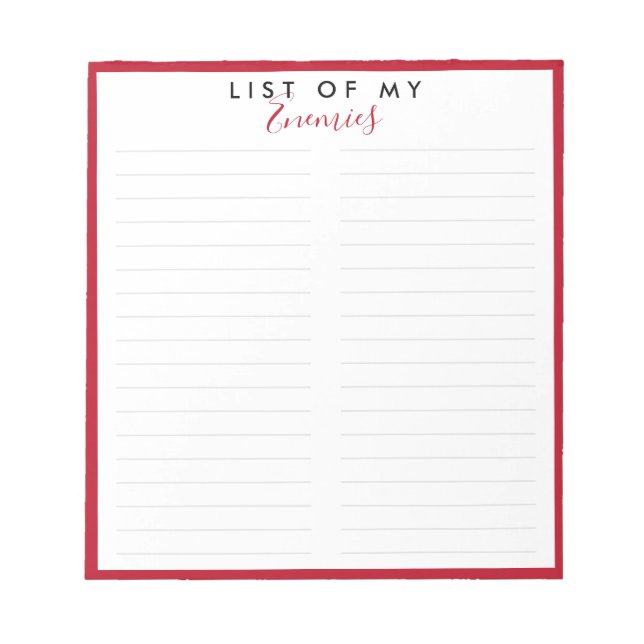 Enemies List Elegant Red Border Funny Joke Notepad (Front)
