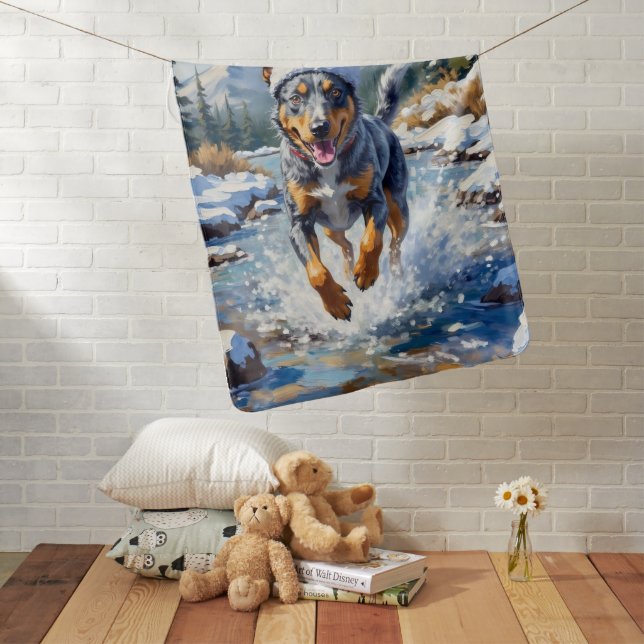 Energetic Blue Heeler Dog Winter Creek Christmas Baby Blanket (In Situ)