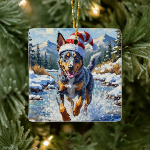 Energetic Blue Heeler Dog Winter Creek Christmas Ceramic Ornament