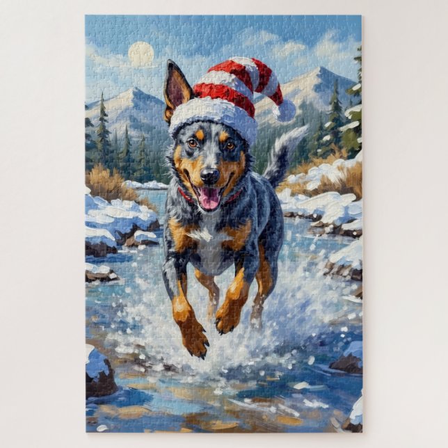 Energetic Blue Heeler Dog Winter Creek Christmas Jigsaw Puzzle (Vertical)