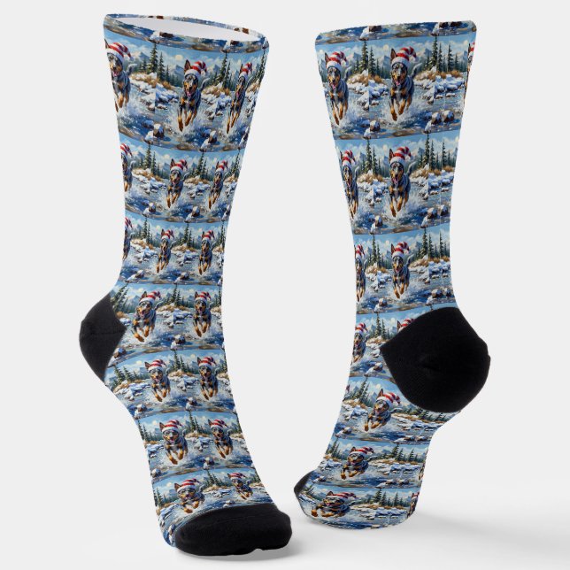 Energetic Blue Heeler Dog Winter Creek Christmas Socks (Angled)