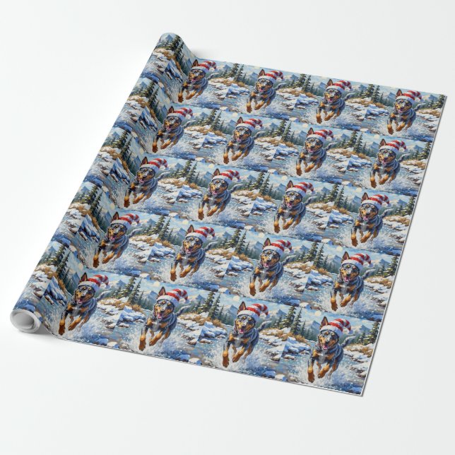 Energetic Blue Heeler Dog Winter Creek Christmas Wrapping Paper (Unrolled)