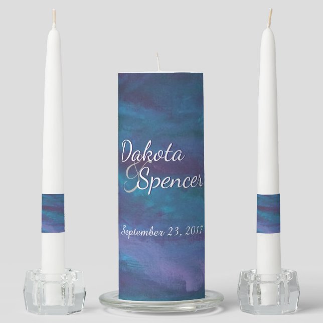 Energetic Blue Purple Teal Texas Storm Wedding Unity Candle Set (Front)