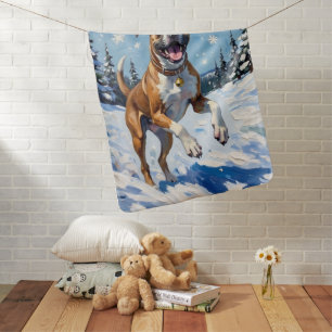 Energetic Boxer Dog Leaping in Winter Snow Fun Baby Blanket