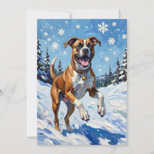 Energetic Boxer Dog Leaping in Winter Snow Fun Holiday Card