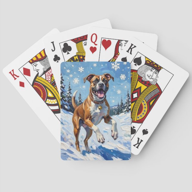 Energetic Boxer Dog Leaping in Winter Snow Fun Poker Cards (Back)