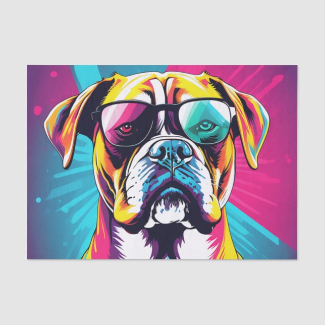 Energetic Boxer Dog With Sunglasses Pop Art Tissue Paper (Front)