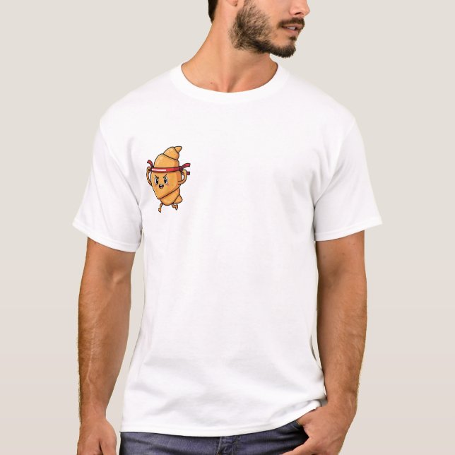 Energetic Cartoon Croissant Character Wearing Red  T-Shirt (Front)