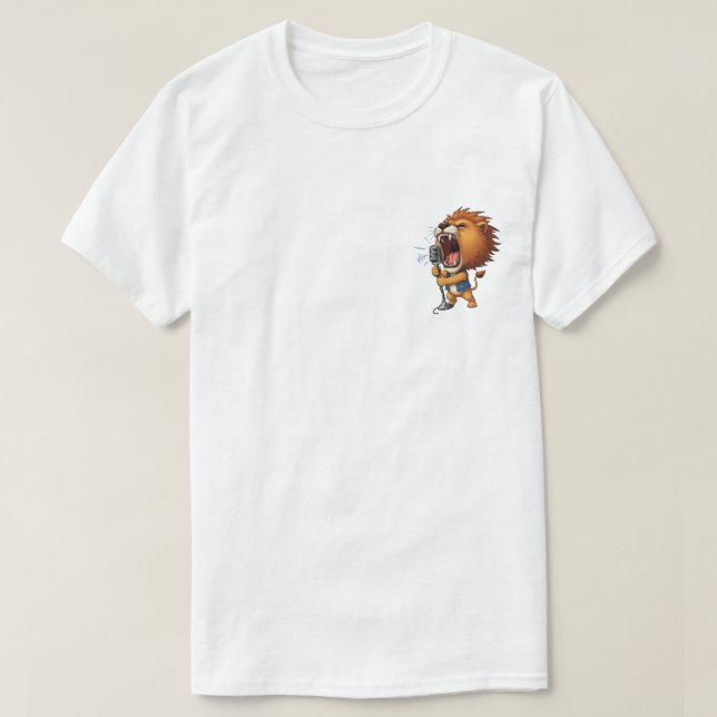 Energetic Cartoon Lion Rocker Singing Loudly T-Shirt (Design Front)