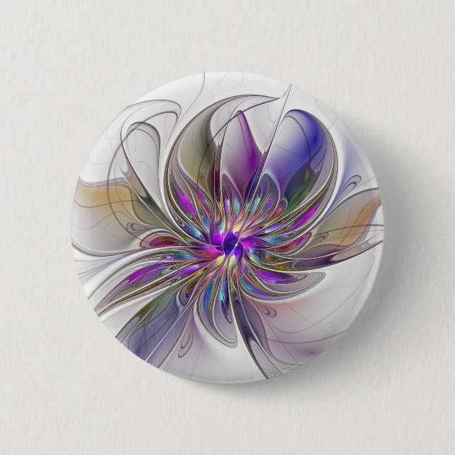 Energetic, Colorful Abstract Fractal Art Flower Button (Front)