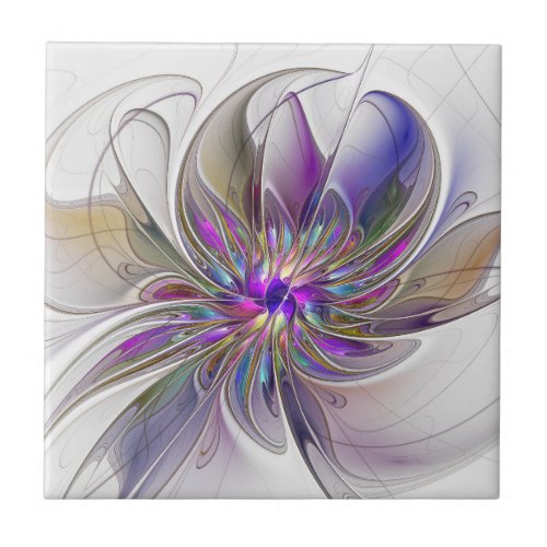 Energetic Colorful Abstract Fractal Art Flower Ceramic Tile
