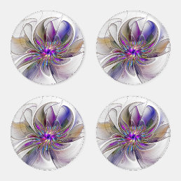 Energetic, Colorful Abstract Fractal Art Flower Coaster Set