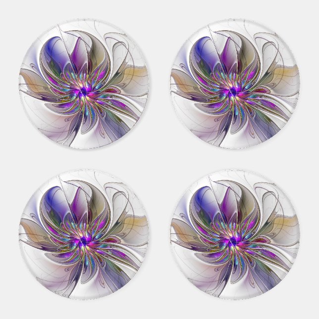 Energetic, Colorful Abstract Fractal Art Flower Coaster Set (Set)