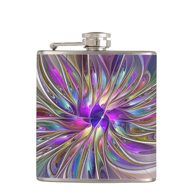 Energetic, Colorful Abstract Fractal Art Flower Flask (Front)